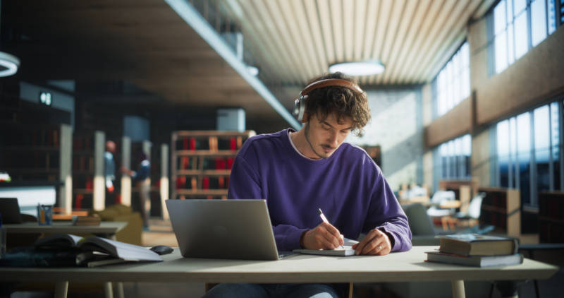 Studying in the library.